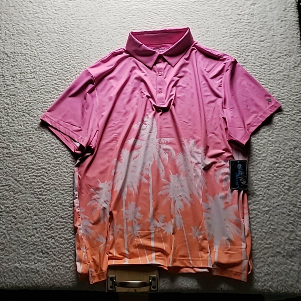 Birdie Bound Polo Shirt Mens 3XL Pink Mock Orange Palm Tree Tropical Golf Top